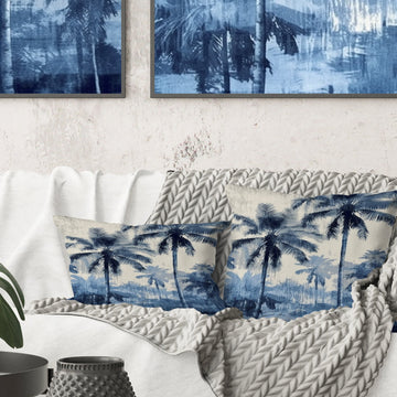 Vintage Blue Palm Trees Shadows II - Palms & Palm Trees Throw Pillow